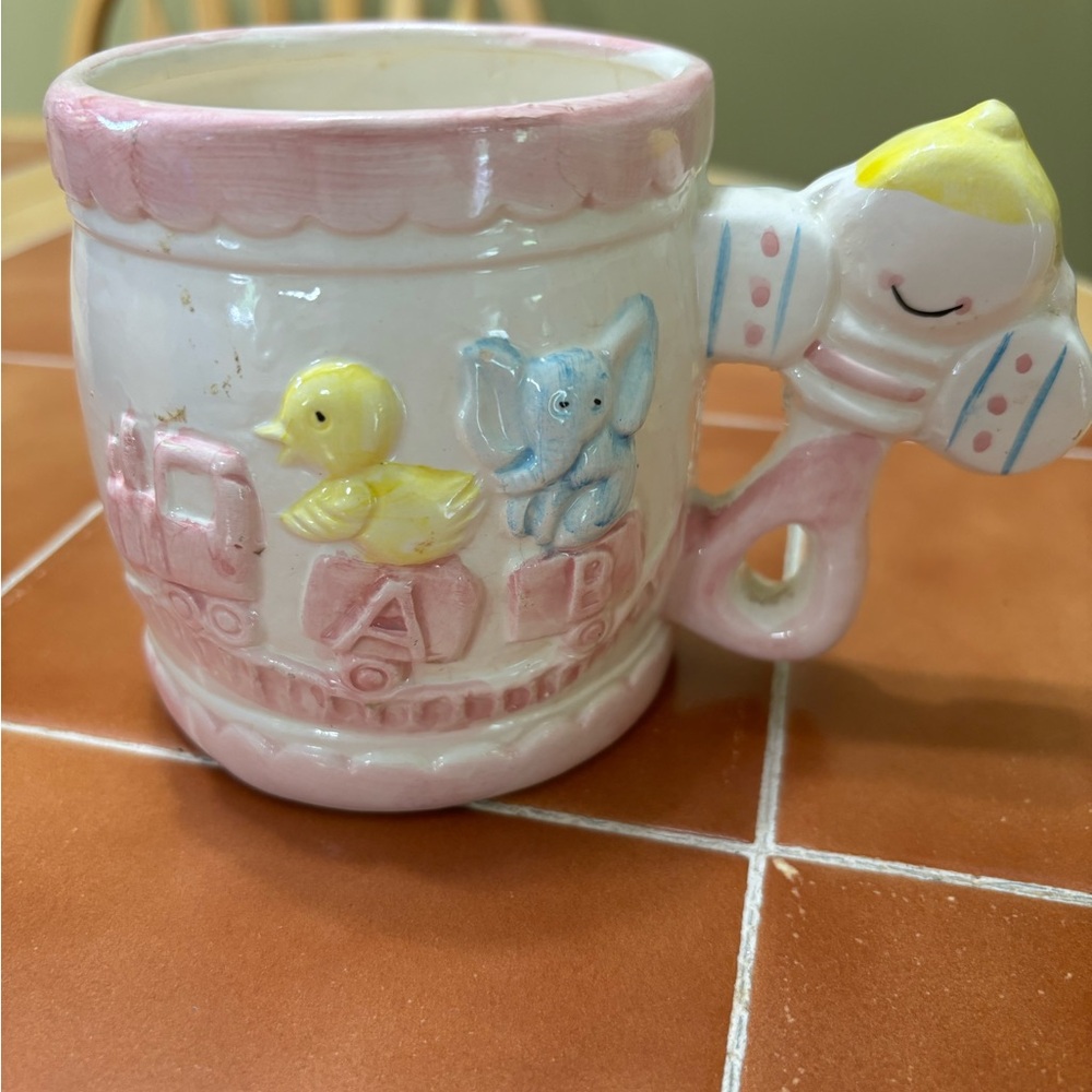 Pink and White Ceramic Mug with ABC Design